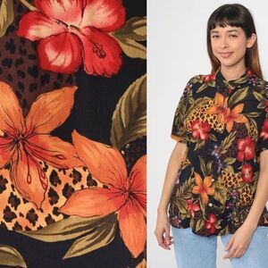 Coldwater Creek M Orange Hawaiian Shirt 90s Tropical Vacation Leopard Hibiscus